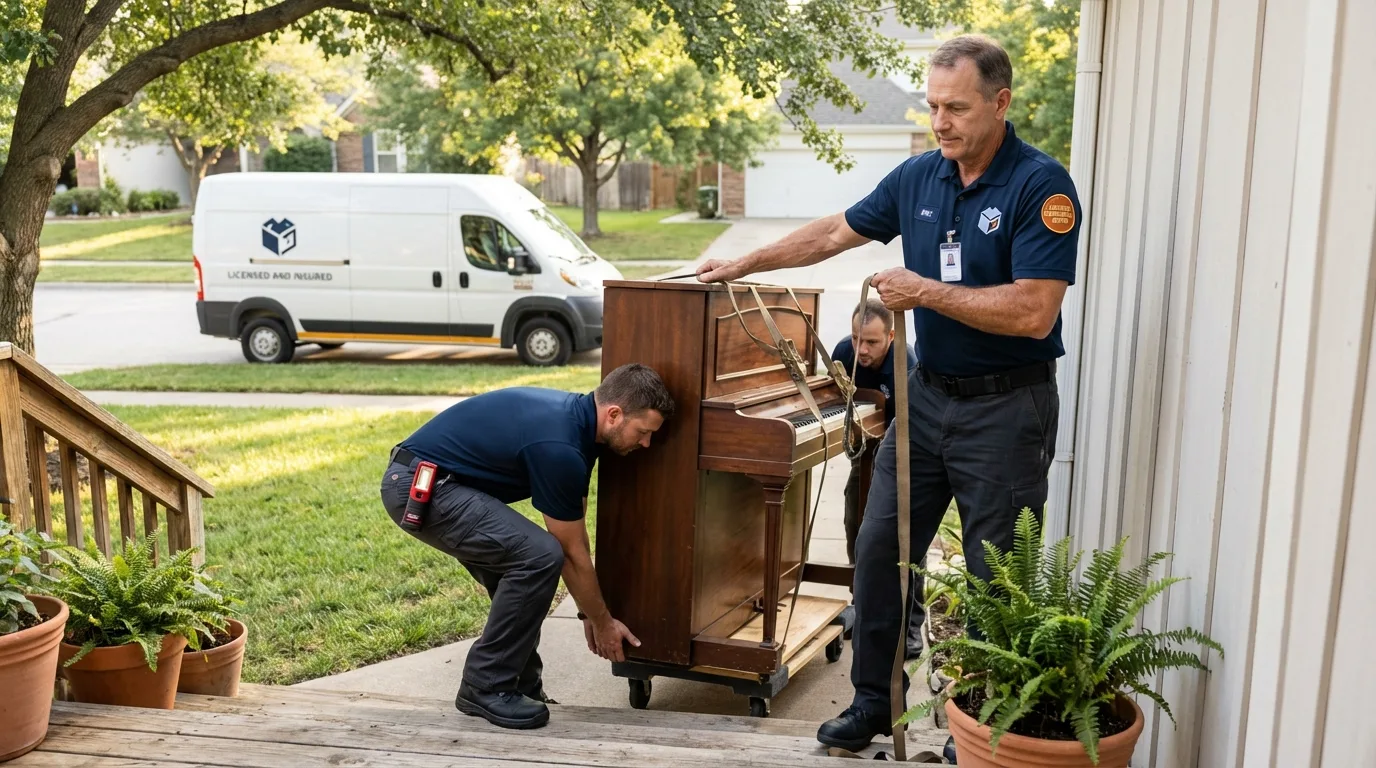 Licensed piano movers securing grand piano in Ironwood, MI