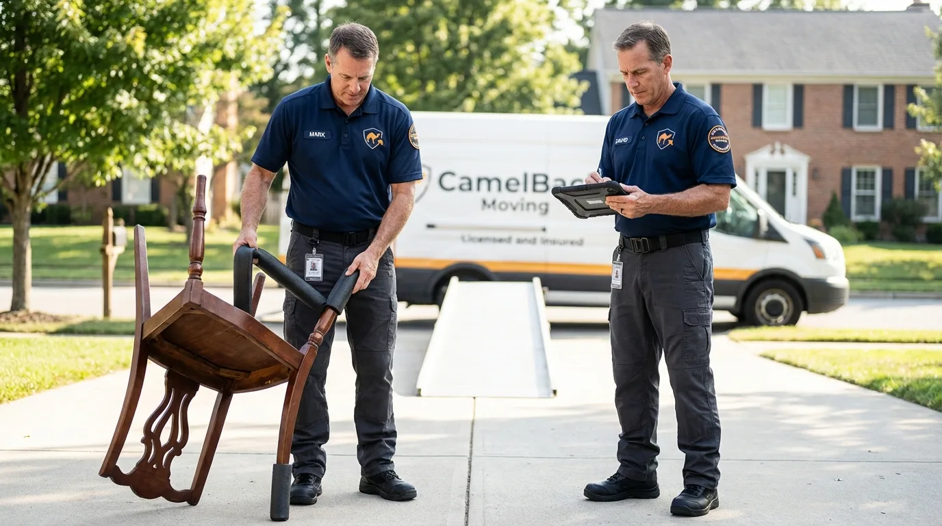 Movers inspecting furniture for damage prevention before loading in Ironwood, MI