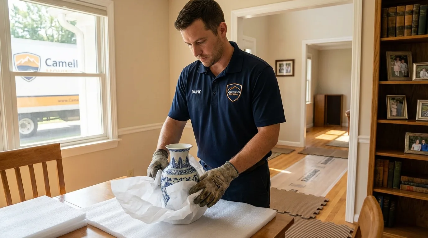 Professional crew carefully wrapping antique vase for senior downsizing move in Ironwood, MI